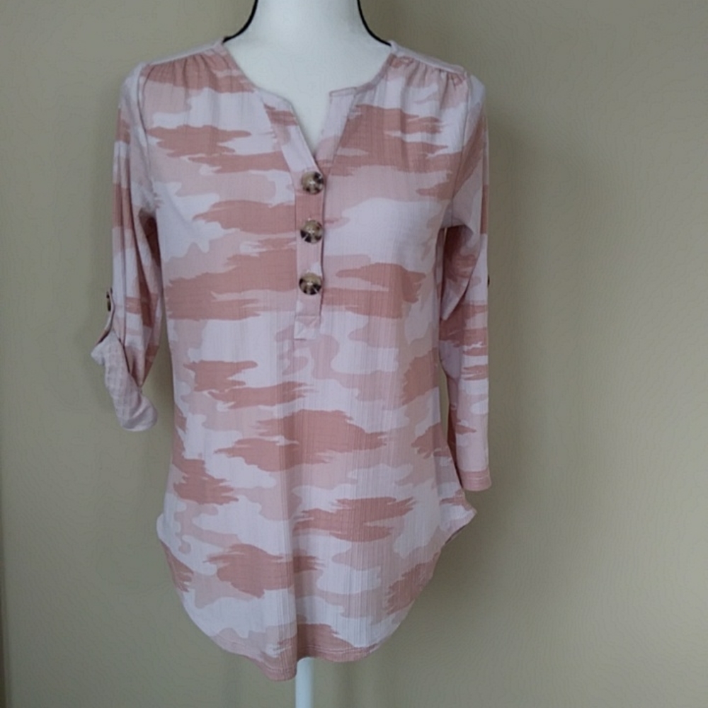 Como Vintage Tab Sleeve V Neck Top S White Pink